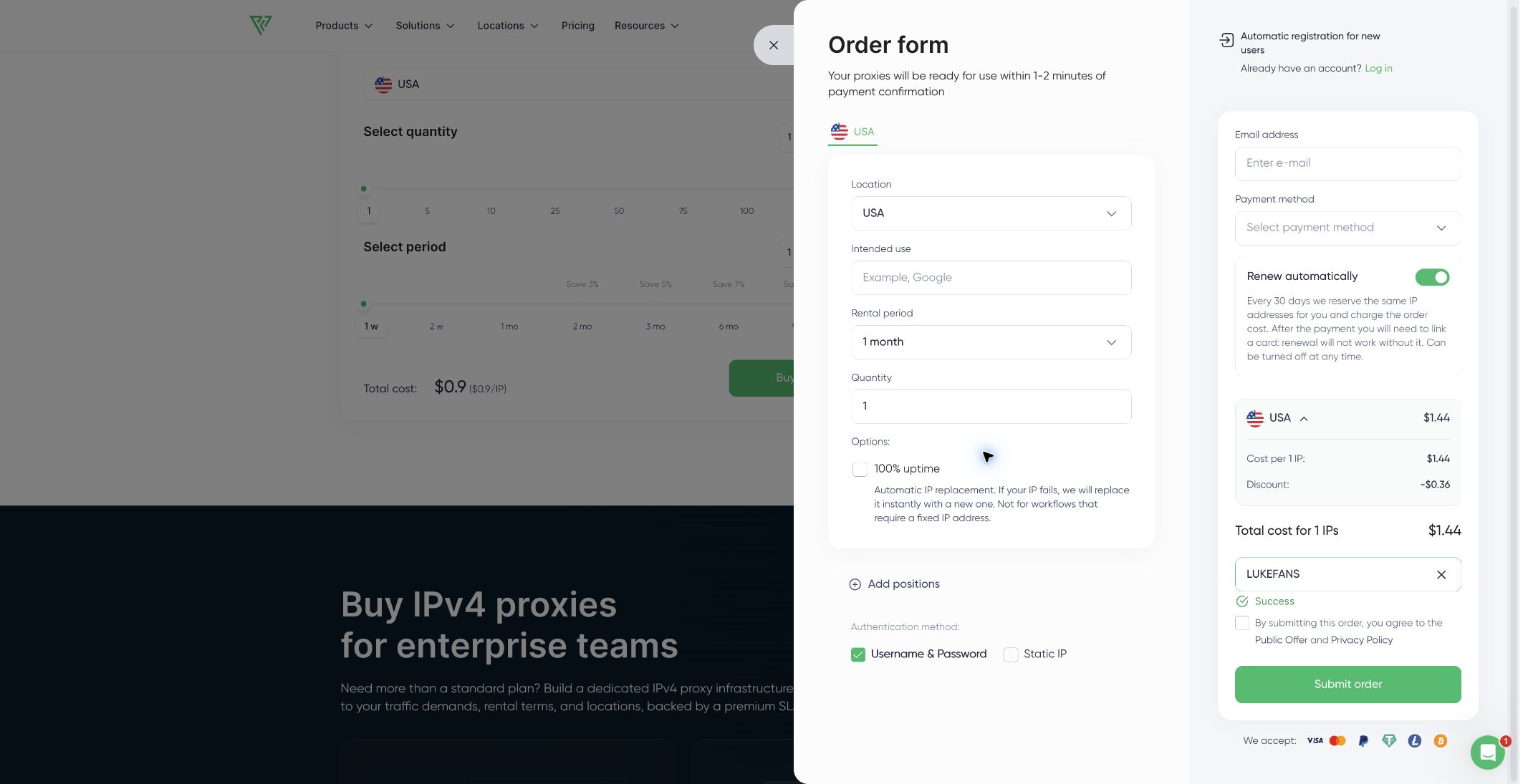 Proxy-Seller订单页显示LUKEFANS成功将1.80美元降至1.44美元
