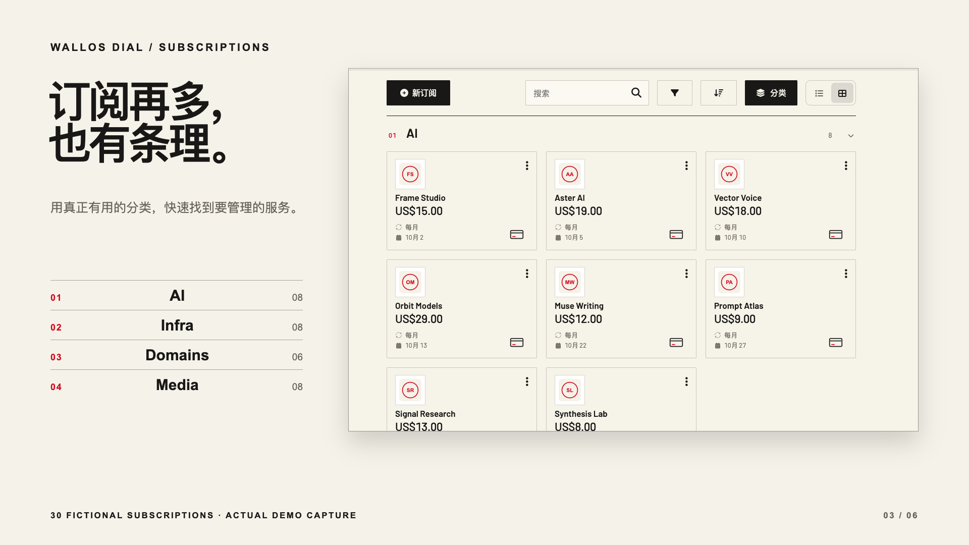 Wallos Dial 将虚构订阅分为 AI、Infra、Domains 和 Media